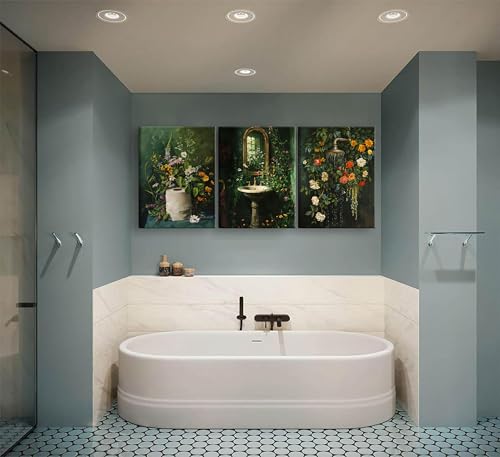 3Pcs Framed Vintage Dark Green Bathroom Wall Art Shower Toilet Paper Roll Floral Poster Print Modern Farmhouse plants Painting Picture Wall Decor For Bathroom Living Room Decoration (3 Count)