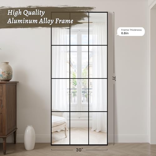 Windowpane Mirror Full Length 71""x30"" Wall Mounted Art Pane Mirror Farmhouse Decorative Floor Mirror Leaning Hanging Wall Mirror for Bedroom Living Room Entrance