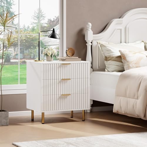 Fluted White 3 Drawer Dresser for Bedroom with Deep Drawers
