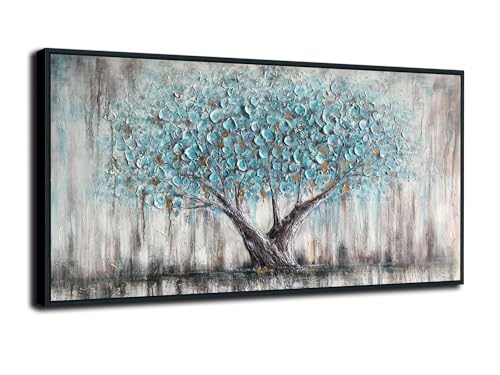 Framed Blue Tree Canvas Wall Art Tree of Life Teal Living Room 40x20