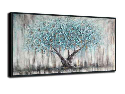 Framed Blue Tree Canvas Wall Art Extra Large Tree of Life Teal 58x29