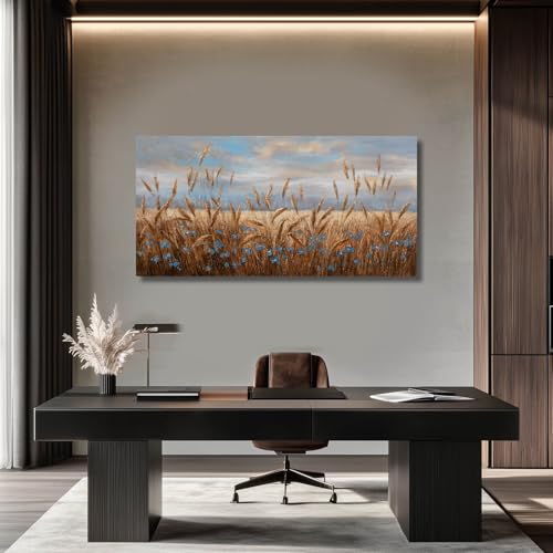 Flowers Wall Art Gold Cornfield Artwork Blue Sky Landscape Wall Decor Vintage Posters for Room Decor 24"x48" Wall Prints for Office Home Bedroom