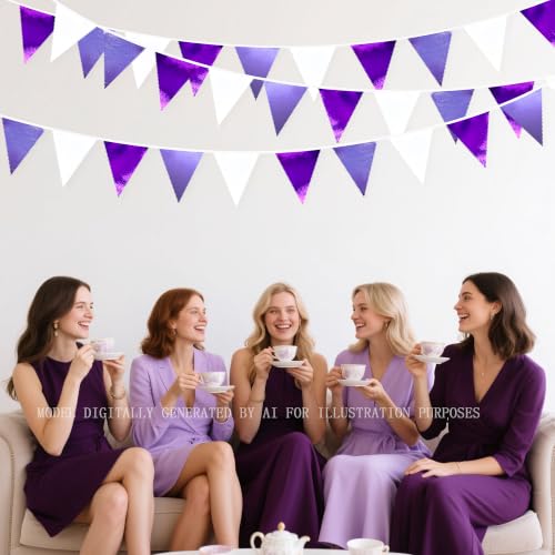 Purple and White Party Decorations Metallic Fabric Ombre Purple White Triangle Pennant Banner Flag Bunting for Graduation Birthday Engagement Wedding Bachelorette Lavender Lilac Violet Party Supplies (36 Count)
