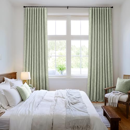 Sage Green 100% Blackout Linen Curtain 96 Inch 2 Panel Set Double Sided No Coating Pinch Pleated Back Tab Floor to Ceiling Black out Thermal Insulated Bedroom Living Room Darkening Window Drape (2 Count)