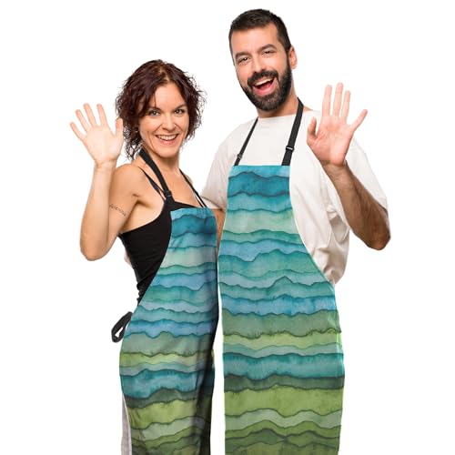 Garden Apron for Women Blue and Green Waves Cute Aprons for Men for Kitchen Cooking Restaurant BBQ Painting Crafting Gardening 27”