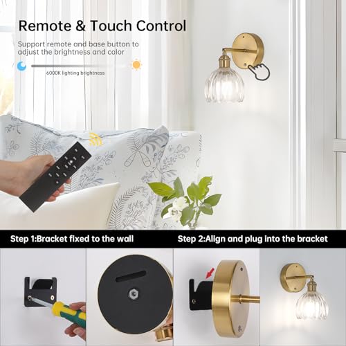 Battery Operated Vintage Wall Sconces with Transparent Tulip Glass Lampshade Battery Powered Wall Lighting for Bedside Bedroom Doorway