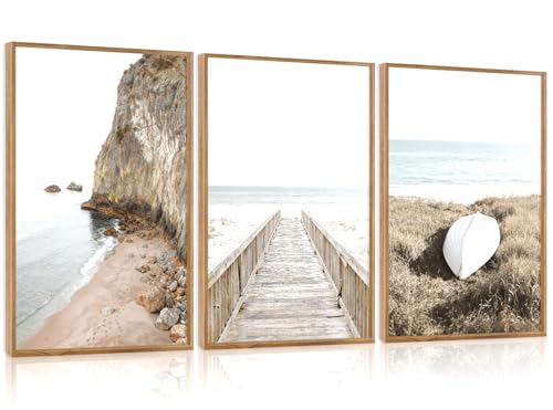 3 Pcs Neutral Beach Coastal Framed Canvas Wall Art 16x24 Inch