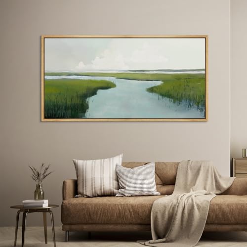 Extra Large Framed Canvas Print Wall Art Serene Marshland Landscape Green and Blue Peaceful Illustrations Antique Retro Fine Art Illustrations Decorative Colorful for Bedroom