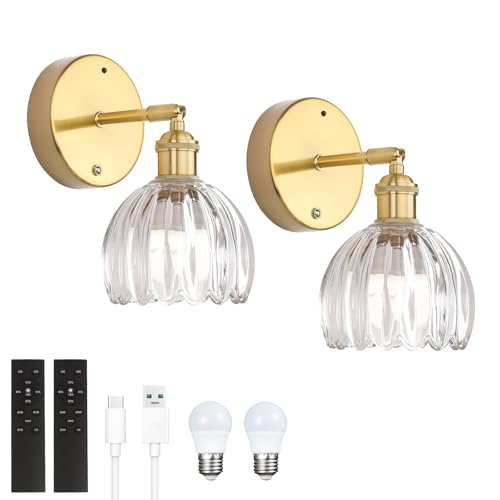 Battery Operated Vintage Wall Sconces with Transparent Tulip Glass Lampshade Battery Powered Wall Lighting for Bedside Bedroom Doorway