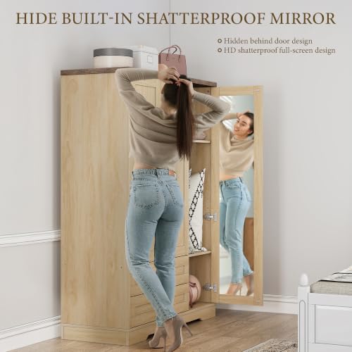 62" Wooden Armoire Wardrobe Closet with Mirror