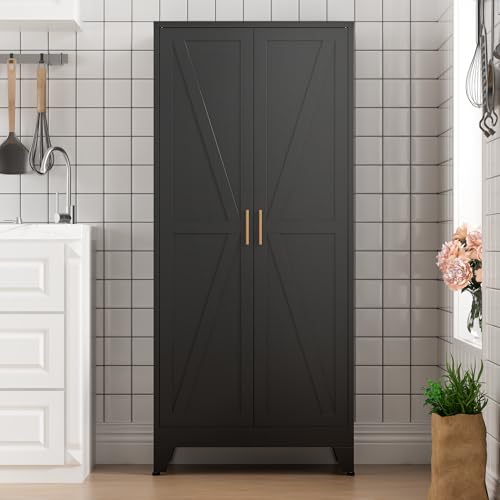 Black Farmhouse Storage Kitchen Pantry Cabinet with 2 Barn Door
