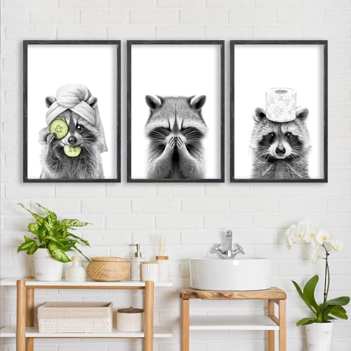 Raccoon Bathroom Wall Art Decor Set of 3 16x11 Inch Black