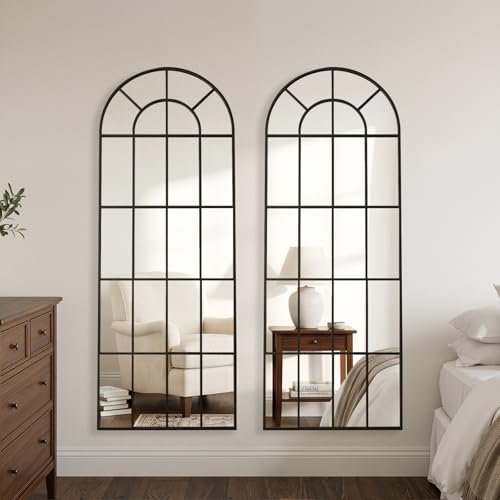 Arched Windowpane Mirror Full Length 65"x24" Wall Mounted Black Art Pane Farmhouse Decorative Floor Mirror Leaning Hanging Wall Mirror for Bedroom Living Room Entrance