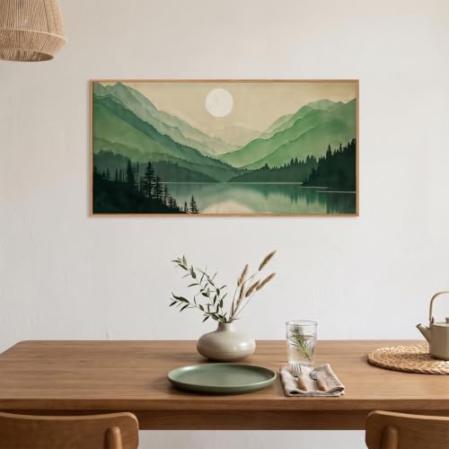 Green Boho Mountain Lake Framed Canvas Wall Art Set