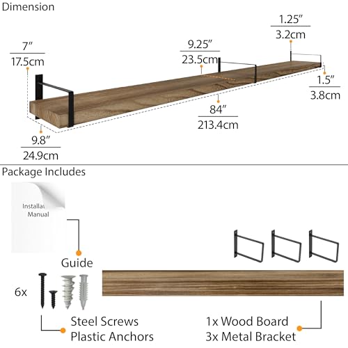 Toledo 84 inch Floating Shelf with Heavy Duty Bookend Brackets