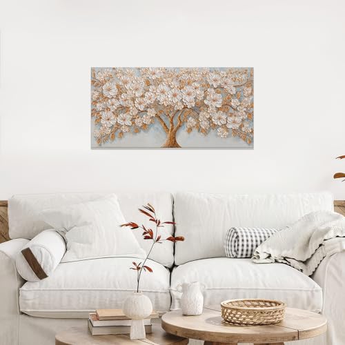 Canvas Wall Art Decor Gold Tree of Life Canvas Art Wall Decor For Living Room Modern Botanical Decor Nature White Flower Wall Art Floral Tree Artwork For Walls Bedroom Home Office Wall Decor 20"×40"