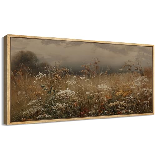 Extra Large Framed Canvas Print Wall Art Autumn Meadow Landscape Rustic Field Illustrations Fine Art Illustrations Decorative Colorful for Bedroom