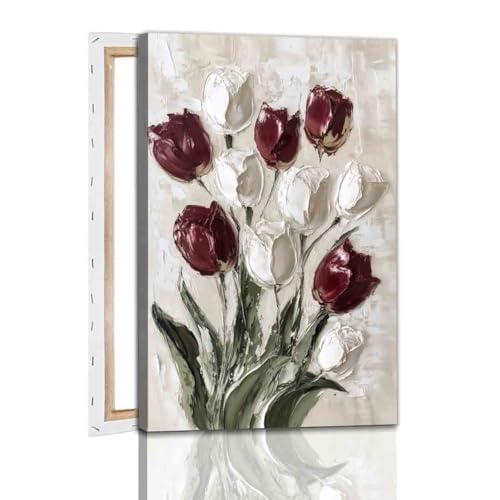 Abstract Tulip Wall Art White Floral Picture Minimalist Flower Painting 16x24inch Framed