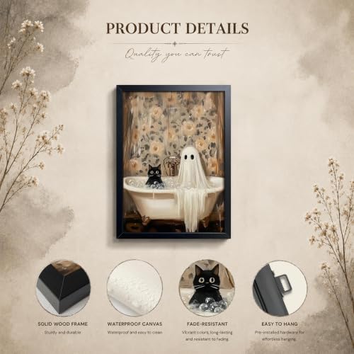 Funny Black Cat Bathroom Wall Art Framed Canvas Print
