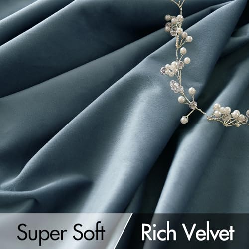 Stone Blue Velvet Pinch Pleat Blackout Curtains W52 X L90 Inches
