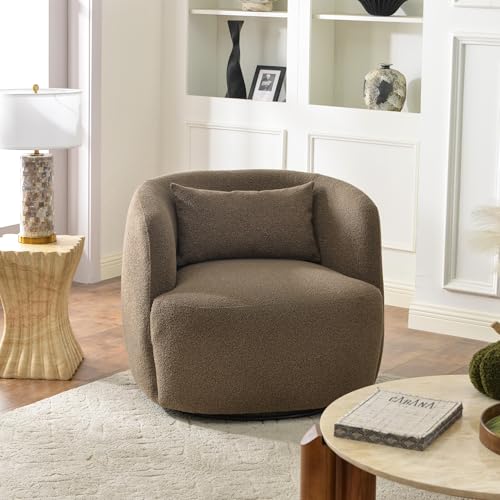 34" W Boucle Swivel Barrel Chair with Toss Pillow