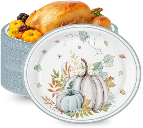 Fall Paper Plates Large 9" X 11" Thanksgiving Pumpkins Maple Leaf Disposable Autumn Dinnerware for Harvest Thanksgiving Party Decorations (25 Count)