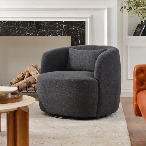 34" W Boucle Swivel Barrel Chair with Toss Pillow