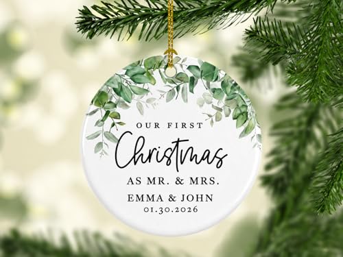 Personalized Our First Christmas As Mr. & Mrs. 2026 Christmas Ornaments Greenery 2.8" Round Porcelain Ceramic 1st Year Married Custom Ornament Keepsake for Newlyweds 1