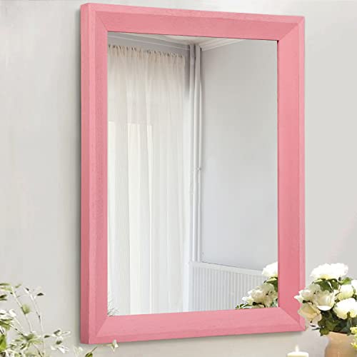 Rectangle Mirror with Wood Frame Modern Farmhouse Wall Mirrors Decor Large 28"x20" for Bedroom Bathroom Living Room Pink