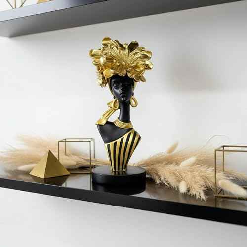 African Woman Art Sculpture with Gold Floral Crown