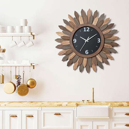 Large Wall Clock Battery Operated 21 in Rustic Wood Boho Sunburst Decorative Wall Clock Silent Non Ticking Farmhouse Wall Clocks for Living Room Bedroom Kitchen Bathroom Decor