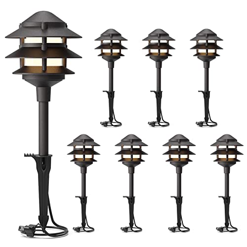 Landscape Lighting 8PK Pathway Lights Low Voltage 2.2 Watt LED 12V AC Landscape Lights 30 Lumen Warm White with Cable Connectors Metal Stakes 9122 (8 Count)