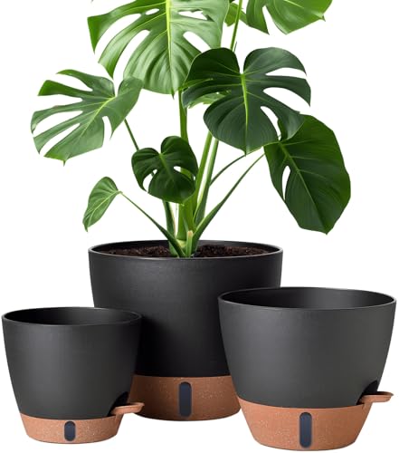 12/10/8 Inch Self Watering Pots for Indoor Plants Plastic Large Plant Pots for Outdoor Plants, Water Level Window & Spacious Reservoir Flower Pots Decorative Planter with Drainage and Tray (3 Count)