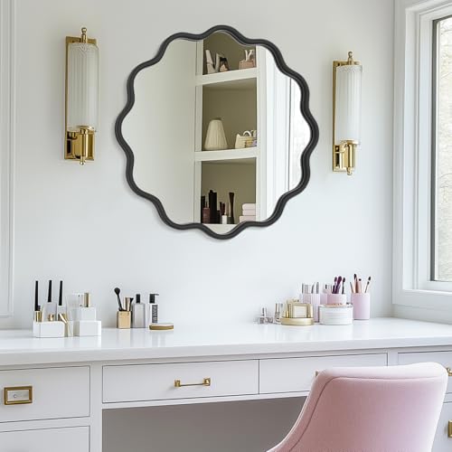 Black Round Mirror 24 Inch Wavy Bathroom Vanity Mirror Black Frame Modern Wall Mirror Decorative Wall