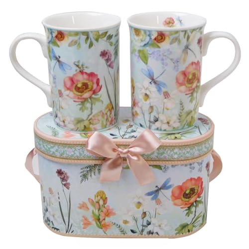 Elegant Bone China Two Coffee Mugs set in Dragonfly design (2 Count)