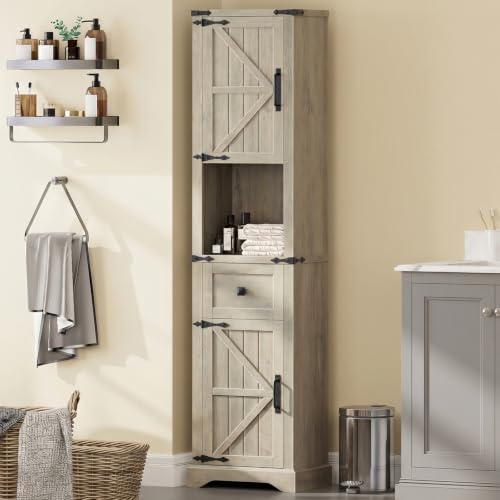 66" Tall Farmhouse Bathroom Storage Cabinet with Barn Door