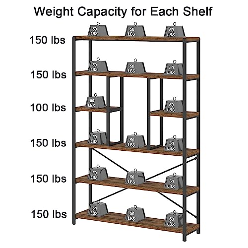 6 Tier Industrial Bookshelf for Living Room Office