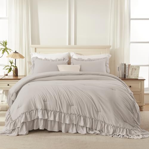 Linen Grey Ruffle Full Size Comforter Set