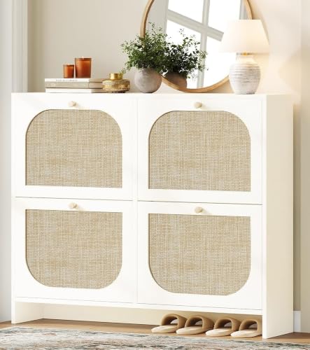 Freestanding Ultra Slim Arched Rattan Accent Shoe Storage Cabinet for Entryway