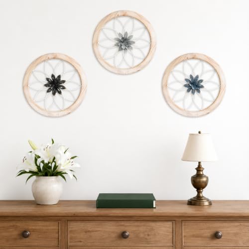 3 Piece Round Farmhouse Wall Decor with 6 Piece Interchangeable Flowers 12'' Medallion Wood & Metal Rustic Wall Art for Living Room Bedroom Kitchen Bathroom Dining Room Home Decorations (3 Count)