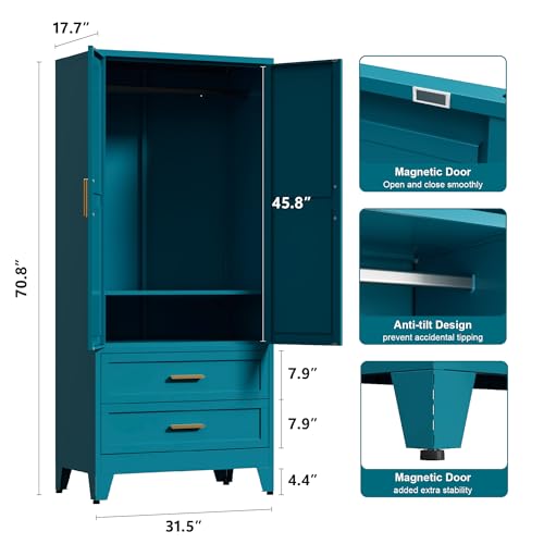 71'' Farmhouse Metal Wardrobe Cabinet with Hanging Rod