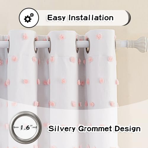 100% Blackout Curtains for Nursery Thermal Insulated Pink Pom Pom Curtains 72 Inch Length for Girls Bedroom 2 Panels Grommet White Sheer Curtains for Dining Room Door (30 Count)