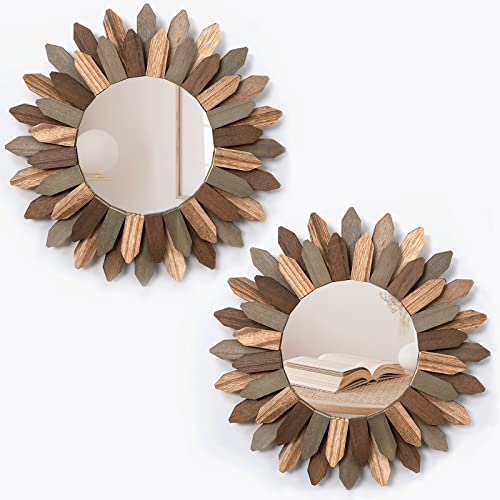 Boho Wall Decor Mirror 2 Pack 12 inch Rustic Wood Decorative Mirror for Room Decor Rustic Farmhouse Wall Decor for Bedroom Bathroom Living Room Entryway Tril Color (2 Count)