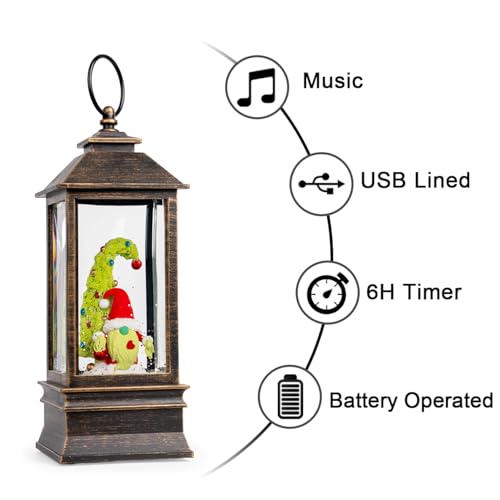 Christmas Snow Globe Lantern Water Glittering Xmas Gnome with Whimsical Christmas Tree