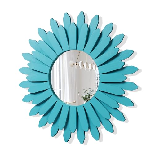 Beach Wall Decor Mirror 21 inch Wood Coastal Wall Decor Sunburst Boho Home Decor Room Decor for Bedroom Living Room Entryway Cyan