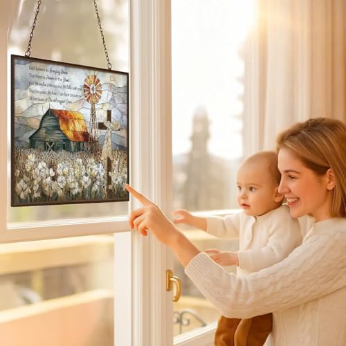 Rectangle Vintage Christian Grace Barn Cross Stained Glass Suncatcher Stained Glass Window Hangings Birthday Gift for Mom Grandma Teacher Women Friend Memorial Hook