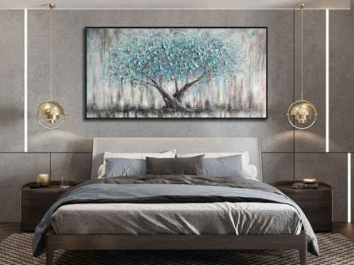 Framed Blue Tree Canvas Wall Art Extra Large Tree of Life Teal 58x29