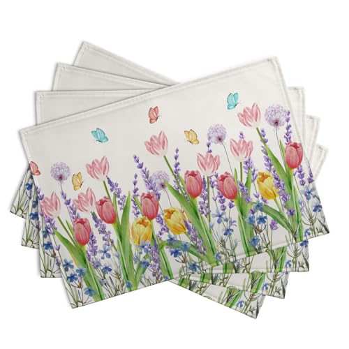 Tulip Placemats Set of 4 Spring Summer Flowers Tulips Lavender Place Mats Watercolor Floral Dandelion Butterfly Non