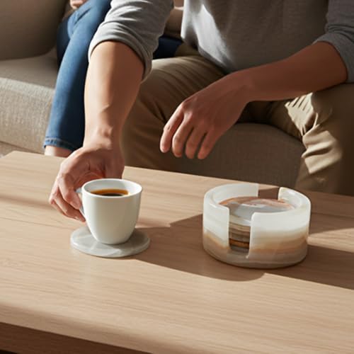 Round Marble Coasters Set of 6 with Holder