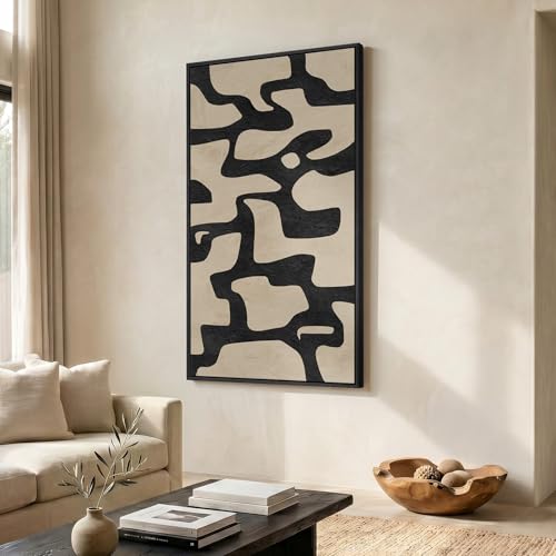Large Framed Black and Beige Neutral Abstract Wall Art